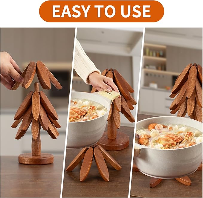Vertdens Wooden Trivets for Hot Dishes, Hot Dish Coaster with Tree-Shaped Wood Collapsible Hot Pad Trivet Tree for Restaurant, 4 Wooden Trivet + 1 Stand（Walnut Wood）