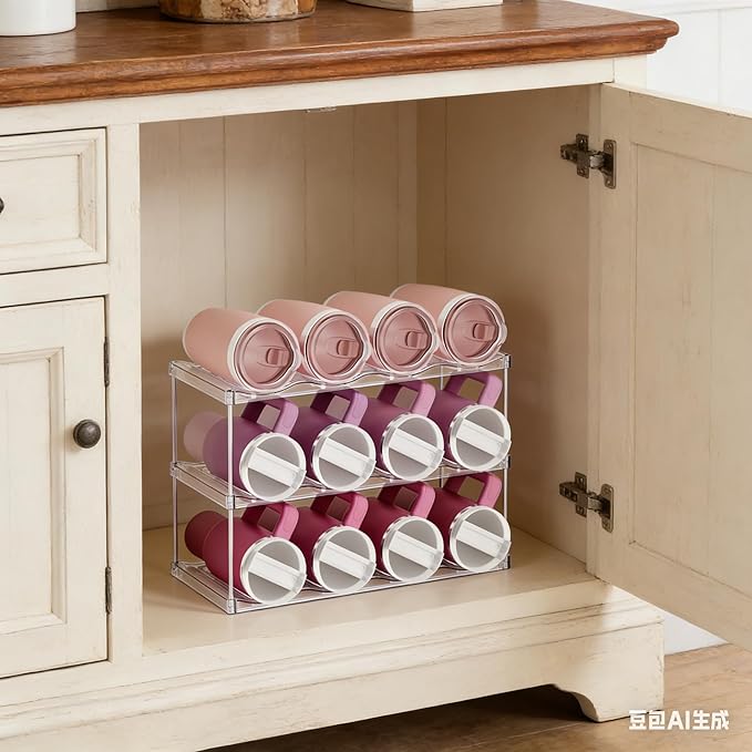 Stackable Water Bottle Organizer for Cabinet,3 Tier Water Bottle Holder for Stanley Yeti 40 oz Bottle Shelf,Clear Tumbler Storage Organizer,Wine Rack,Cup Organizer for Kitchen Cabinets Counter Pantry