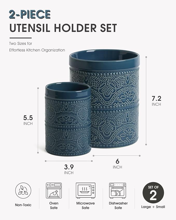 FUN ELEMENTS Kitchen Utensil Holder, 7.2+5.5" Super Large Utensil Crock Heavy and Stable Lace Emboss Ceramic Utensil Holder for Kitchen Counter(2Pcs Grayish Blue)