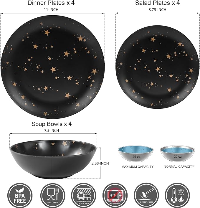 Black Melamine Dinnerware Sets - 12pcs Plates and Bowls Sets, Unbreakable Camping Dishes Set for 4, Indoor and Outdoor Use Non-breakable Dinner Set - Star