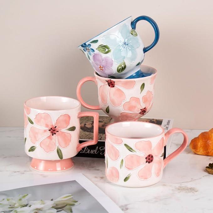 KAMMAK Ceramic Pink Coffee Mug, 15oz Large Mugs Set of 2, Novelty Cup for Tea, Juice, Milk, Cute Porcelain Water Cups with Handle for Women, Dishwasher and Microwave Safe