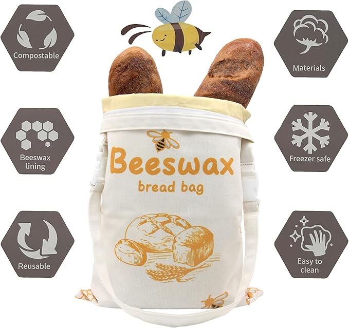 Reusable Beeswax Bread Bags for Sourdough – XXL Large Bread Storage Bag with L-Shape Wide Zipper & Detachable Shoulder Strap, Set of 2 + Cotton Linen Bowl Cover for Homemade Bread
