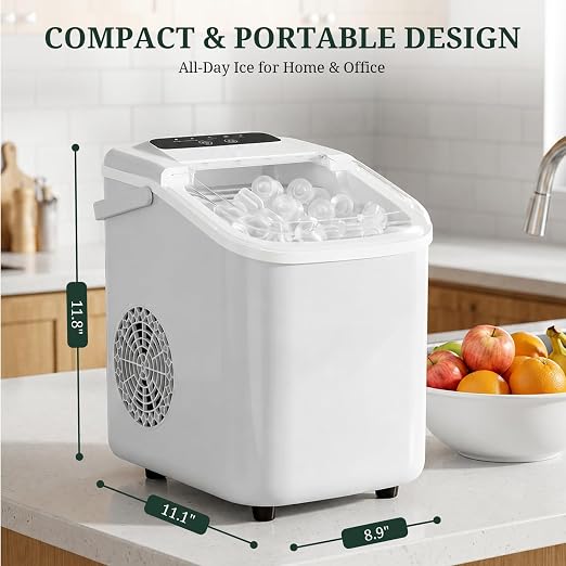 Ice Maker Countertop, Portable Ice Machine with Handle, Basket & Scoop, 26Lbs/24Hrs, 9 Bullet Ice Cubes Ready in 6–8 Mins, 2 Ice Sizes, Self-Cleaning, Quiet Compact for Home Kitchen Office RV Camping