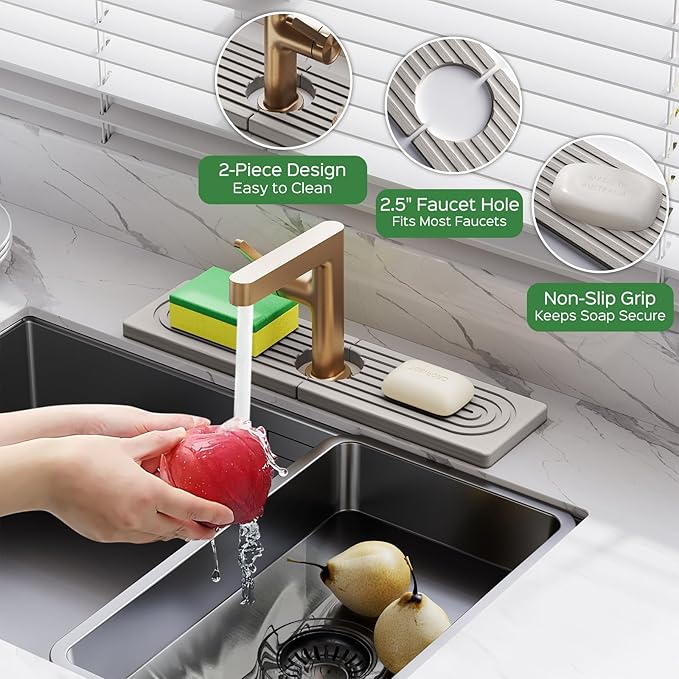 15.7 Inch Stone Faucet Mat for Kitchen Sink Splash Guard - Diatomite Quick Dry Stone Mat Kitchen Sink Protectors, Water-Absorbent Faucet Handle Drip Catcher Tray with Drainage (Gray, 15.7" x 3.9")