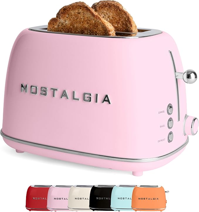 Nostalgia Classic Retro 2-Slice Toaster- Vintage Design- Enamel Coated Steel Body- Wide Slots for all Breads- Crumb Tray, Cord Storage- Defrost,Cancel and Bagel Function & 6 Toasting Levels- Pink