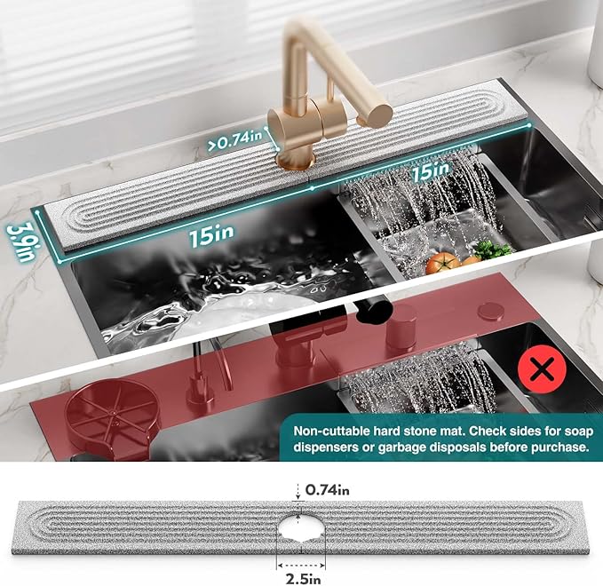 Stone Faucet Mat for Kitchen Sink, Diatomite Stone Drying Mat for Kitchen Counter, 2026 Upgraded Dishwasher-Safe & Ultra Absorbent, Chemical-Free Stone Dish Mat for Bottles Utensils (30" x 3.9")