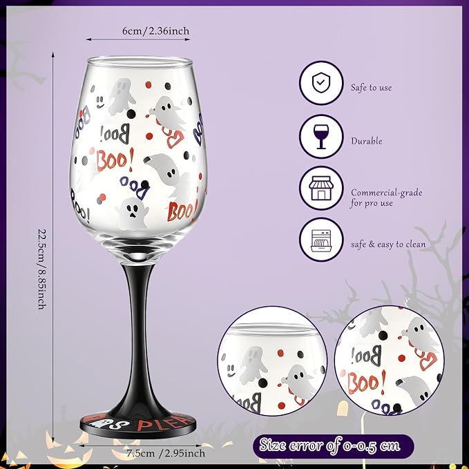 SiliFine 2 Pcs Halloween Ghost Theme Party Stemmed Wine Glasses Hand Painted Drinking Cup Wine Glasses Gifts for Halloween Birthday Theme Holiday Party Supplies