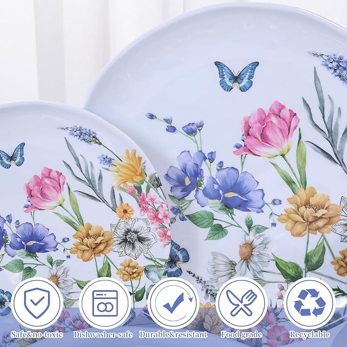 12 Piece Melamine Dinnerware Sets - Plates And Bowls Sets Floral Dinnerware Sets- Spring Camping Dishs Indoor Outdoor Use,Flowers And Butterflies Pattern