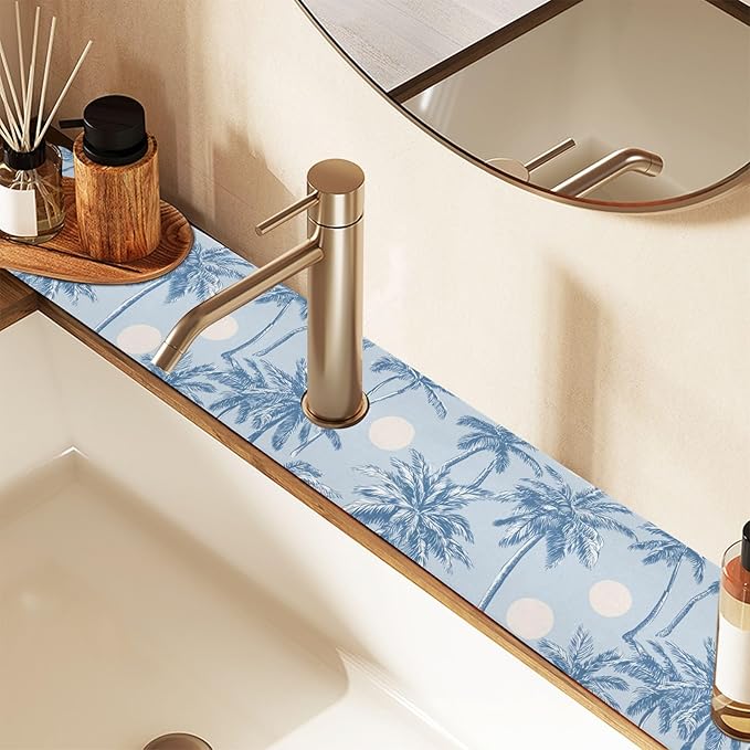 Kitchen Sink Splash Guard 2 PCS 30 Inch Sink Faucet Mat Splash Guard for Bathroom Countertop Water Absorbent Foldable Cuttable Soft Washable Light Blue Palm Trees and Sun