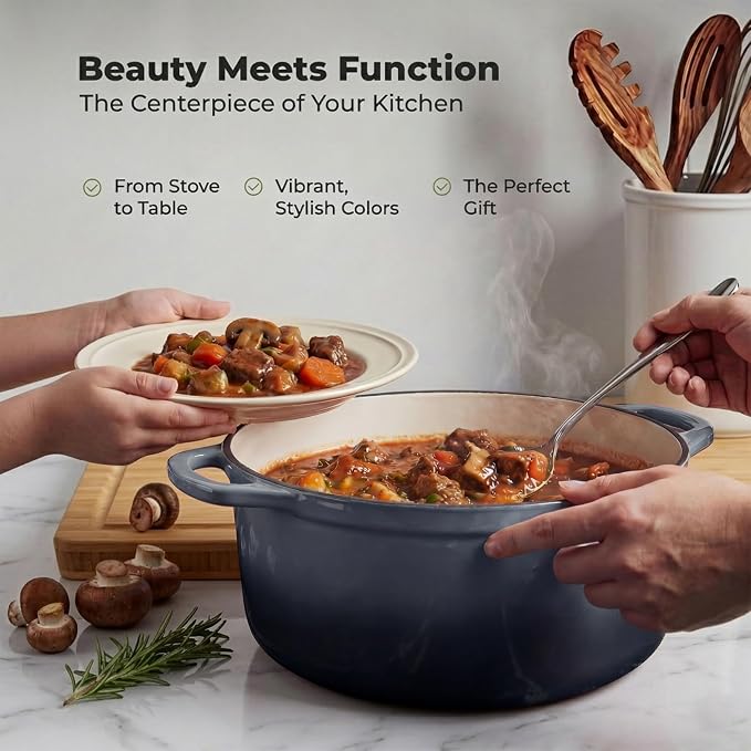 Zulay Kitchen 6.4QT Enameled Cast Iron Dutch Oven Pot with Lid, Heavy-Duty Soup Pot for Stews, Braising, Roasting & Sourdough Bread Baking, Oven Safe up to 500°F – Gray