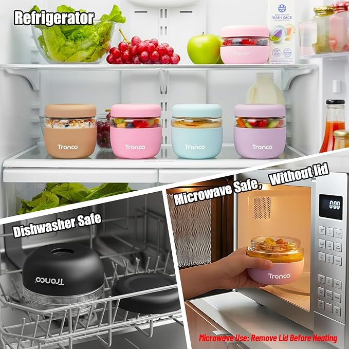 Tronco 24 oz Glass Food Storage & Lunch Bowl Containers with Airtight Lids | Leak & Spill Proof Meal Prep Container & Food Storage Jar for Lunch, Salad, Oats, Soup, BPA-Free, Microwave & Dishwasher Safe