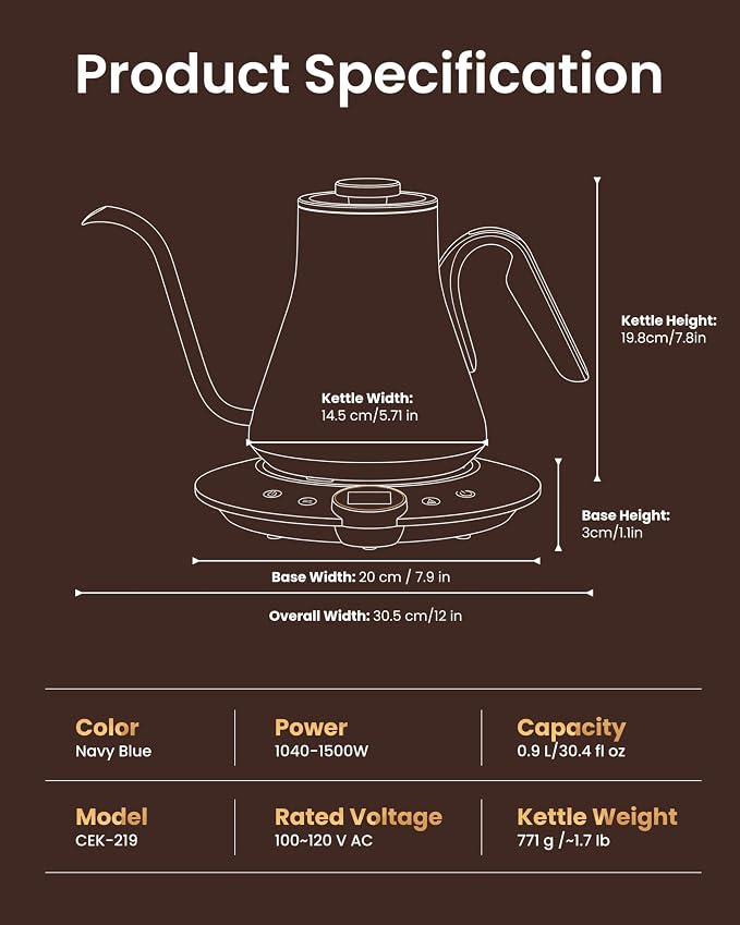 INTASTING Gooseneck Electric Kettle, ±1℉ Temperature Control, Stainless Steel Inner, Quick Heating, for Pour Over Coffee, Brew Tea, Boil Hot Water, 0.9L (Navy Blue)