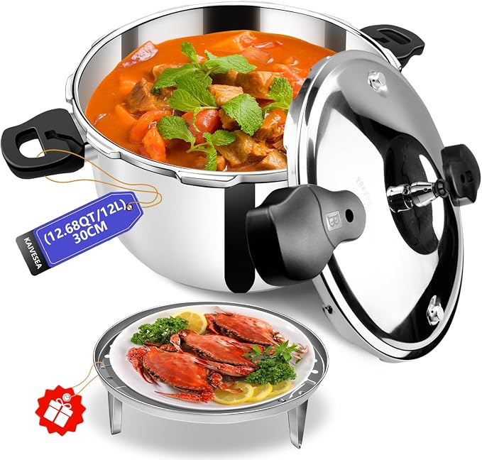 12.68QT Stainless Steel Pressure Cooker, Heavy Duty Food Grade Pressure Canner with Safety Valve & Heat-Resistant Handle, Compatible with All Stovetops for Home Cooking & Canning
