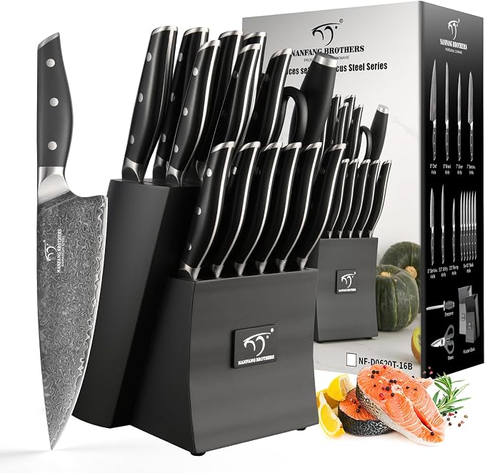 Damascus Knife Set with Block, 16-Piece VG10 67-Layer Steel Kitchen Knives | 16-piece premium Damascus kitchen knife set with VG10 steel core, 67 layers, wood block, and triple-rivet handles