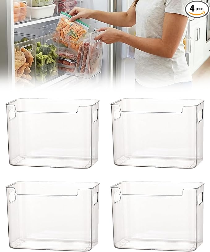 Crystal Clear Freezer Storage Bins - 4 Pack Clear Plastic Bins for Refrigerator and Pantry, Stackable Kitchen Cabinet Organizer with Handles for Frozen Food, Meat & Veggies (4PCS L)