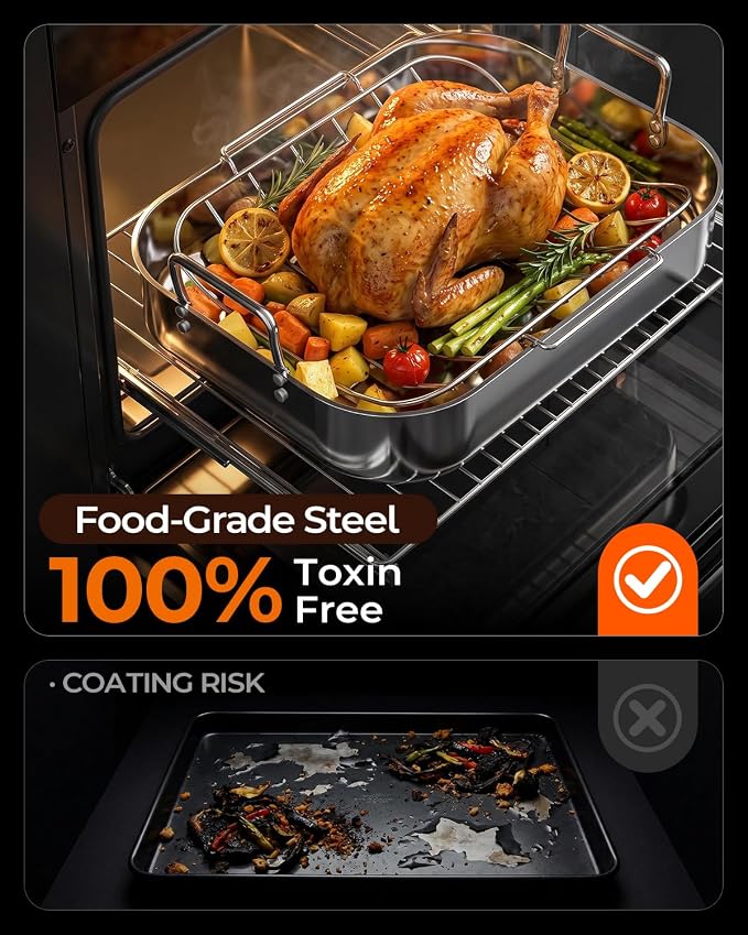 Stainless Steel Roasting Pan with Rack, Heavy-Duty Turkey Roasting Pan for Oven, Includes Two Bakinng Rack Insert, Perfect for Holiday Turkey & Everyday Meal Prep, Fits Up to 24 lbs Turkey
