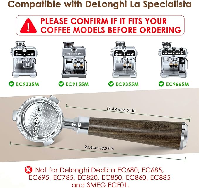 51mm Bottomless Portafilter 3 Ears compatable with La Specialista EC9335 9155 9355 9665,100% Stainless Steel Filter Baskets and Black Rosewood Handle(51mm-3Ears/fits La Specialista)