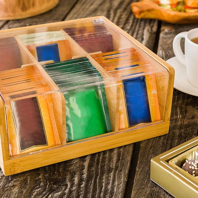 Restaurantware-8.5 x 8 x 3.5 Inch Tea Box Organizer, 1 Sustainable Tea Box Container - 6 Compartments, With Plastic Cover, Bamboo Tea Bag Organizer Storage Box, Durable, For Countertops And Cabinets