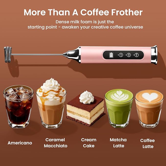 YUSWKO Milk Frother Wand for Coffee with Stand, Coffee Frother Handheld | Rechargeable Drink Mixer Wand, Waterproof Electric Whisk for Protein Powder, Lattes, 3 Variable Speeds 3 Whisks, Pink