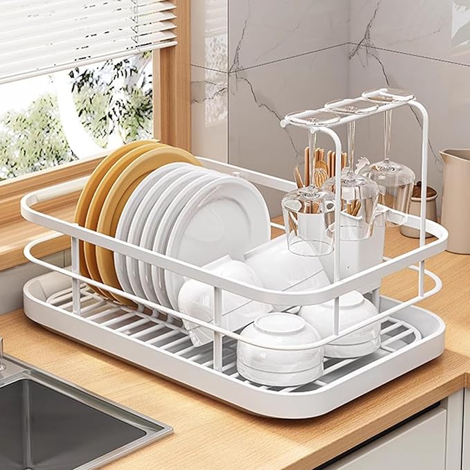 Kitchen Counter Dish Drying Rack,Stainless Steel Dishes Drainer with Utensil Holder,Space-Saving Dish Rack,Removable Plastic Drainer Tray for Dishes, Knives, Spoons (White,Has Cup Holder)