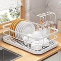 Kitchen Counter Dish Drying Rack,Stainless Steel Dishes Drainer with Utensil Holder,Space-Saving Dish Rack,Removable Plastic Drainer Tray for Dishes, Knives, Spoons (White,Has Cup Holder)