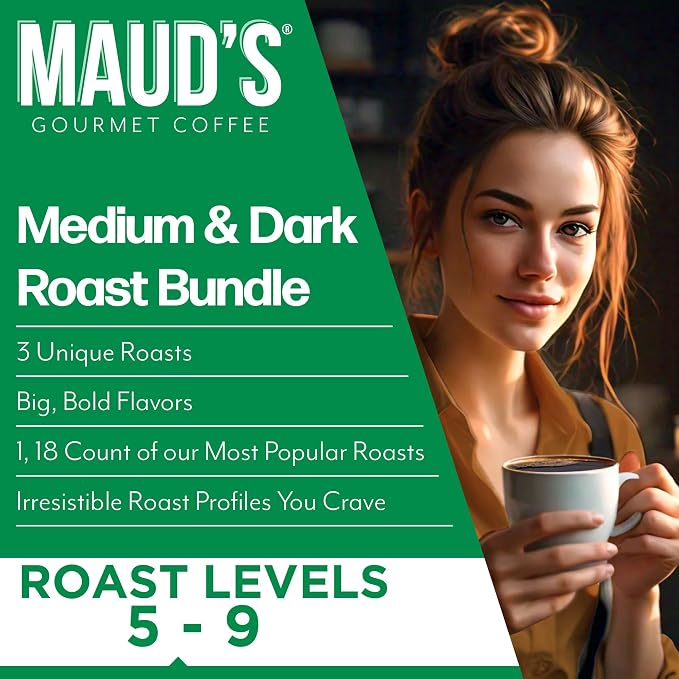 Maud's Dark Roast, Medium Roast & French Roast Coffee Pods Bundle, 54 ct, Single Serve Pods – 100% Arabica Coffee, Compatible with Keurig K Cups Maker
