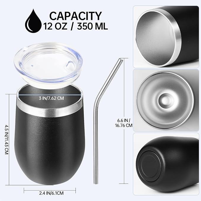 Volhoply 12oz Stainless Steel Wine Tumbler with Lid Bulk 4 Pack,Double Wall Vacuum Stemless Wine Glasses,Reusable Metal Travel Coffe Mug with Straw,Insulated Cup Gifts for Women,Christmas（Mix,4 Set）