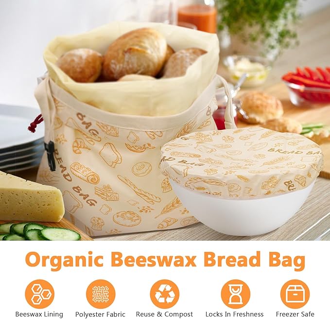 Reusable Pure Beeswax Bread Bags for Sourdough, Polyester Beeswax Dough Bags, 2 Packs Homemade Bread Storage and Bowl Cover