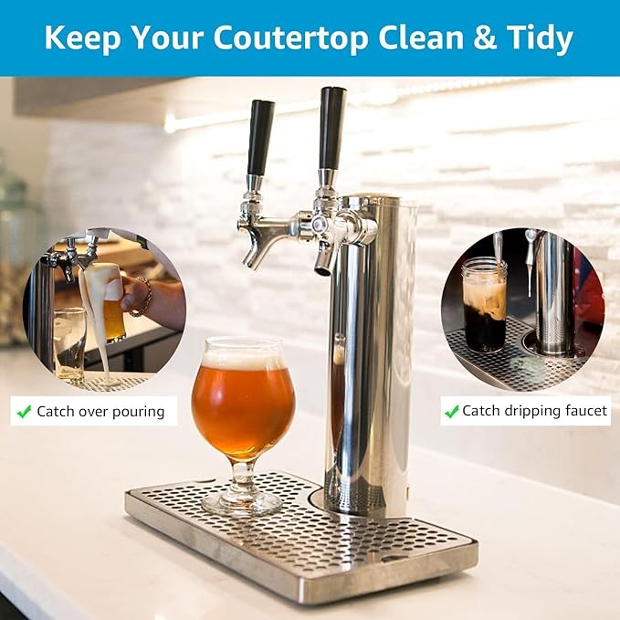 Kegerator Beer Drip Tray Stainless Steel Keg Drip Tray with Non-Slip Silicone Pads 4.4” Cutout Kegerator Surface Mount Beer Tower Drip Tray for Home Bar Mini Fridge without Drain