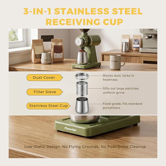 Electric Burr Coffee Grinders for Home Use, 8 Adjustable Settings Stainless Steel Flat Burr, Quiet Low Static Design for Espresso Pour Over French Press, Cream Style Green