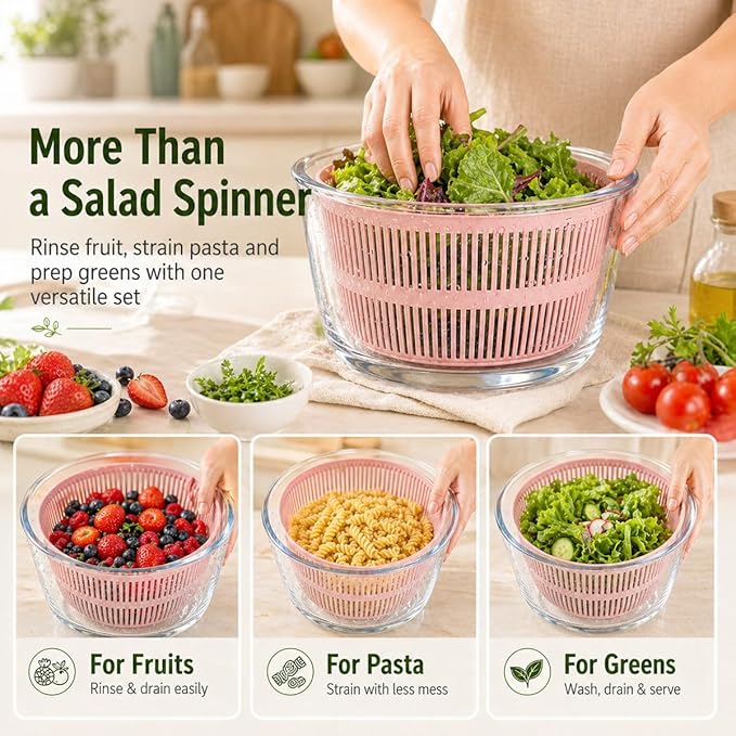 Good Grips Large 5.2 Qt Glass Salad Spinner Vegetable Dryer with Drain Dishwasher Safe with Transparent Lid Crank Handle Quick Spin Greens Washer for Lettuce Herbs Fruits Pink