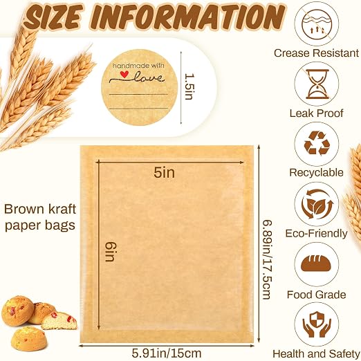Outus 50 Pcs Cookie Packaging Bags with Seal, 5.7 x 6.5 Inch Bakery Pastry Bags with Window, Heat Sealable Grease Resistant Paper to Go Bake Sleeves for Gift Giving Donut Bread Sandwich (Brown)