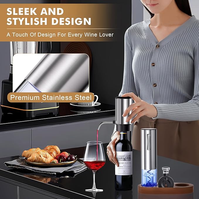 Rechargeable Electric Wine Opener 5-In-1 Set, Stainless Steel Automatic Wine Opener with Electric Wine Aerator, Foil Cutter, Wine Stopper & Base, Elegant Gift Box for Birthday, Housewarming, Christmas