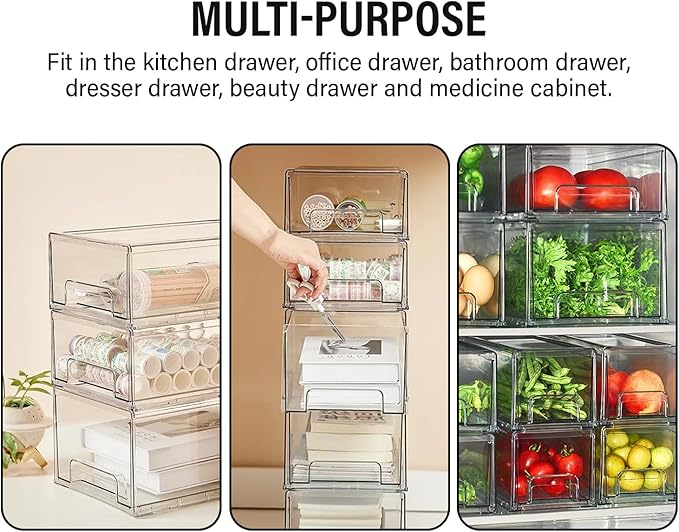 Clear Plastic Storage Drawer Organizer Bins, Perfect for Kitchen Organization or Pantry Organization and Storage, Fridge Drawer Organizer Bins, Pantry Storage and Organization Bins