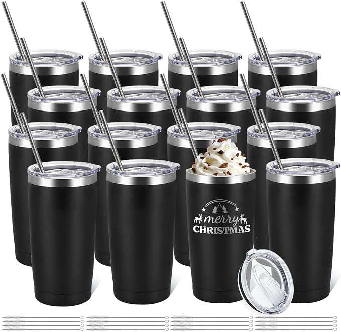 YOUKE OLA 16 Pack Stainless Steel Tumbler Bulk Insulated Vacuum Travel Mug Powder Coated Coffee Mug Gift for Laser Engrave, 20oz Black