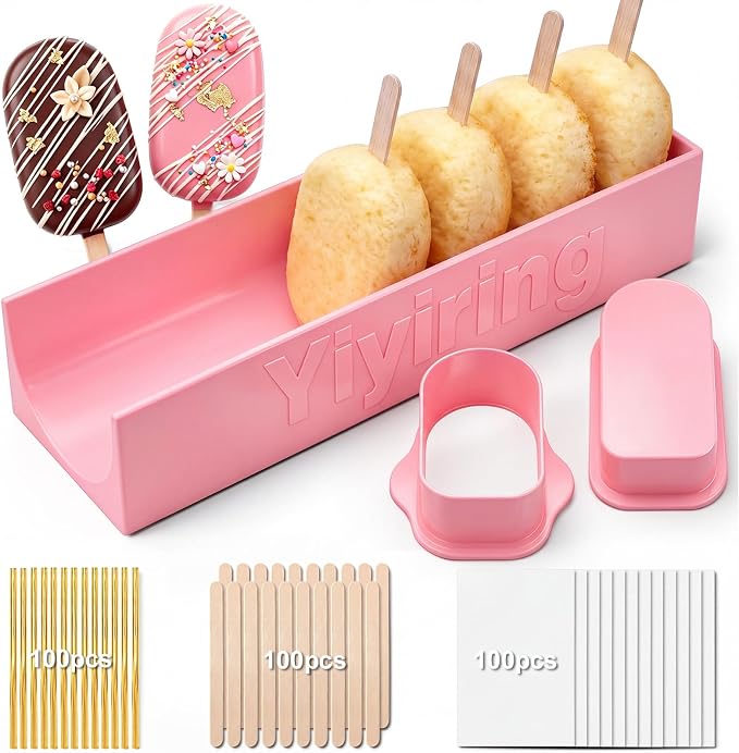 3in Cakesicle Cutter with 9in Tray, Cakesicle Mold Set with 100 Sticks, 100 Bags and 100 Ribbons, Baking Tools for Home Baking, Birthday Parties, Wedding Desserts(Pink,3.6in,Single Slot)