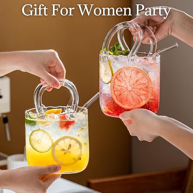 Glass Purse for Drinks Set of 4,24oz Unique Funky Thick Wine Glasses Gifts for Women Party,Fish Bowl Vase,Creative Unique Drinking Glass for Fruit Juice,Tea,Flowers (Bubbled)
