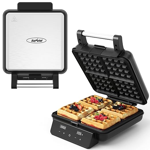 Sunvivi Stainless Steel Waffle Maker 4 Slices with Quick Heat-Up, Time & Temperature Control, LCD Display, Nonstick Surface, Perfect Waffle Iron for Kids and Families, Silver