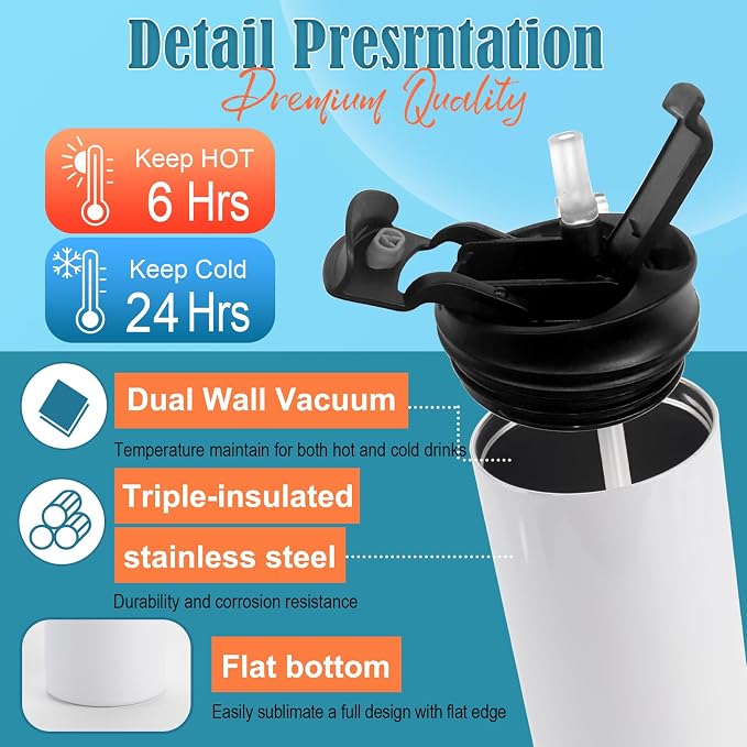 Joyclub 12 Pack Sublimation Water Bottles, 20 oz Dual Opening Tumblers | DIY Sublimation Blanks, Stainless Steel Bottle, Leakproof, Straw Included, Double-Wall Insulated for Gifts & Outdoor Use