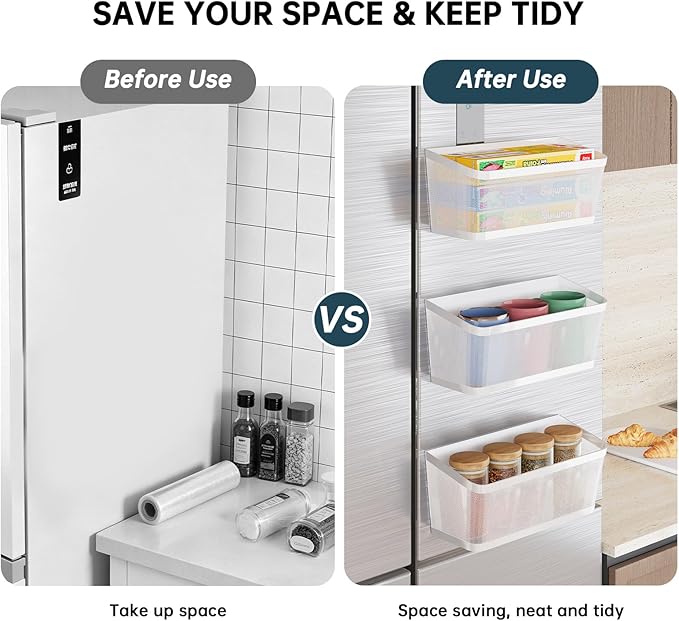 3 Pack White Metal Magnetic Spice Rack for Refrigerator, Heavy Duty Magnet Shelf for Fridge, Drill Free Mesh Organizer Basket for Kitchen, Pantry, Laundry Room, Garage