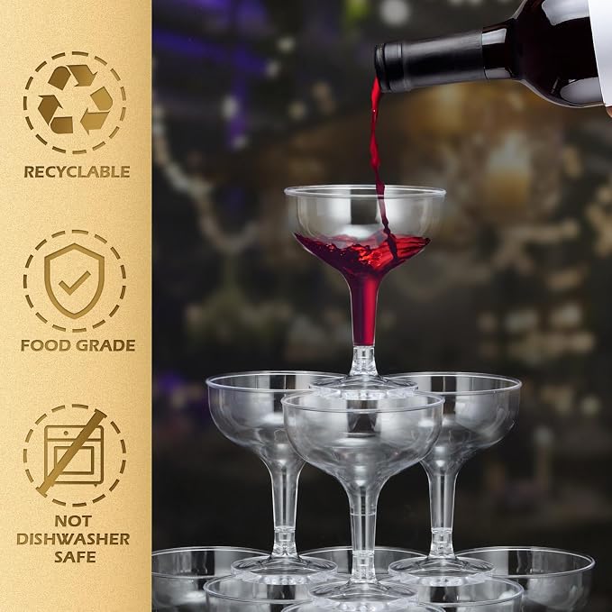 Potchen 100 Pcs Plastic Champagne Party Glasses 5 oz Clear Disposable Champagne Glasses Stackable Acrylic Martini Flutes Unbreakable Margarita Coupe for Wedding Birthday Party Bar(Classic)