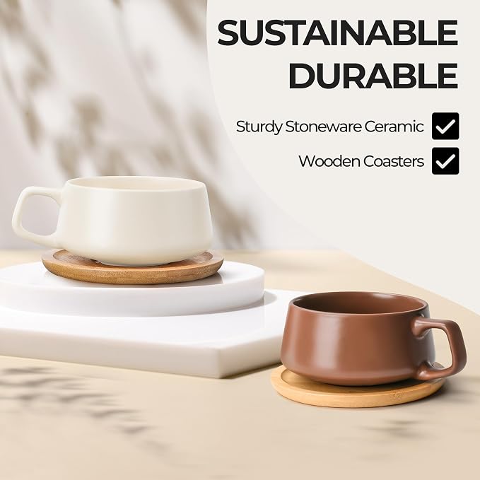 MIAMIO – 11 Oz., Set of 4 Ceramic Tea Cup and Saucer Bamboo/Tea Mug - Wide Cappuccino Cup, Coffee Cups Ceramic Mug for Cappuccino, Latte, Espresso & Americano - Luxe Collection (Beige Pastel)