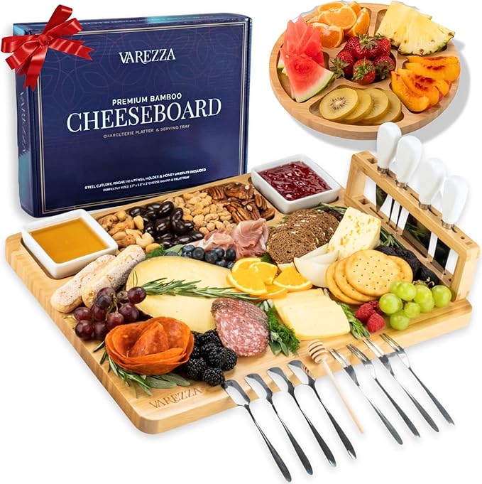 Premium Bamboo Cheese & Charcuterie Board Bundle – Extra Large 16 Inch Round Serving Board + Large Cheese Serving Set with Knife Accessories – Ideal for Entertaining, Gifting & Special Occasions