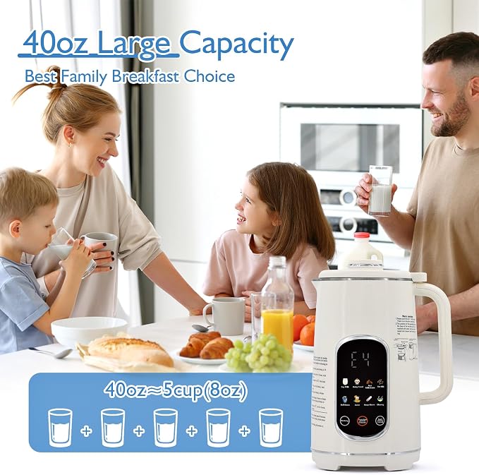 40oz Nut Milk Maker Machine, 8-in-1 LED Panel Touch Screen Soy Milk Maker for Homemade Almond, Soy & Oat, Plant-Based and Dairy Free Beverages with 12H Delay Start & Self-Cleaning (White)