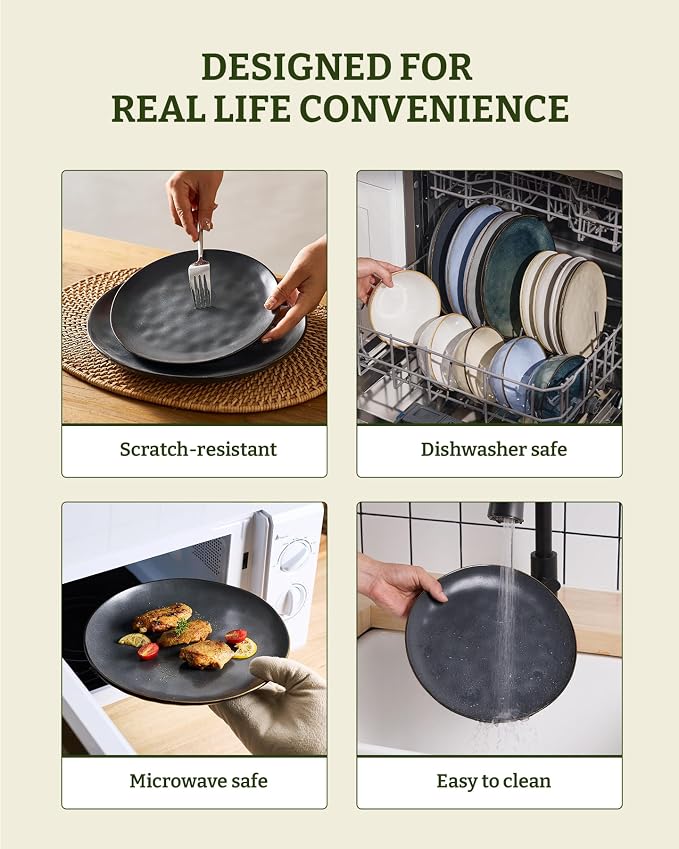 Famiware Dinnerware Sets for 8, Ocean Round 24-Piece Kitchen Plates and Bowls Sets, Microwave and Dishwasher Safe, Scratch Resistant, Matte Black
