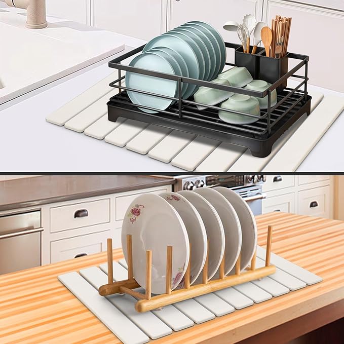 Large Stone Dish Drying Mat for Kitchen Counter, 24"(L)×16"(W) Fast Dry Super Absorbent Collapsible Dish Drying Mats, Eco-Friendly Diatomaceous Earth Mats for Dishes Bottles Cups,Match Any Countertop