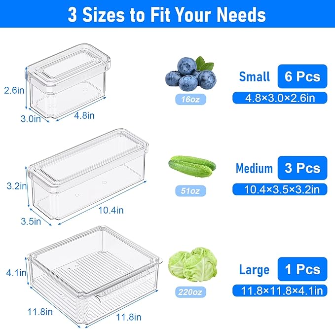 10 Pack Fridge Organizers and Storage, Clear Plastic Storage Bins with Lids , Stackable Food Containers with Drain Boards, Produce Saver for Vegetables, Fruits, Meat, Kitchen Organization and Storage