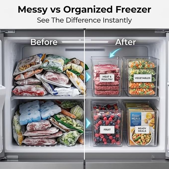 Crystal Clear Freezer Storage Bins, 4 Pack Clear Plastic Storage Bins for Pantry Organizers and Storage, Kitchen Stackable Containers with Handle for Refrigerator, Fridge, Cabinet (4Pcs Large)