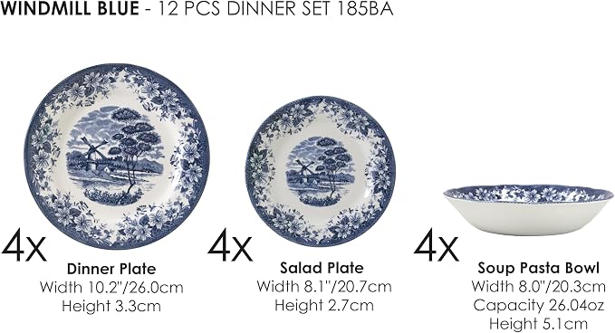 TUDOR ROYAL 12-Piece Porcelain Round Dinnerware Set, Service for 4, WINDMILL BLUE Design, Blue Floral, Plates Bowls Dishes, Premium Quality Tableware, Unique Pattern, Glossy