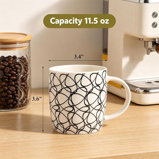 Okllen 6 Pack 11.5 Oz Coffee Mugs Geometric Textured, Ceramic Coffee Mugs Stylish Tea Cup Mugs Set Gift for Latte, Cappuccino, Milk, Water, Cocoa, Cereal, Black and White